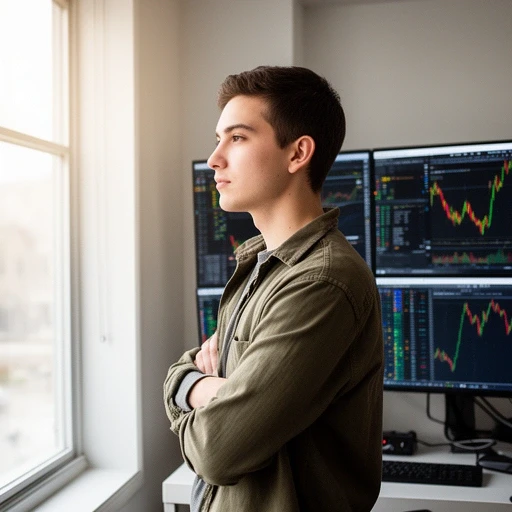 Portrait of the forex co-founder in front of trading monitors