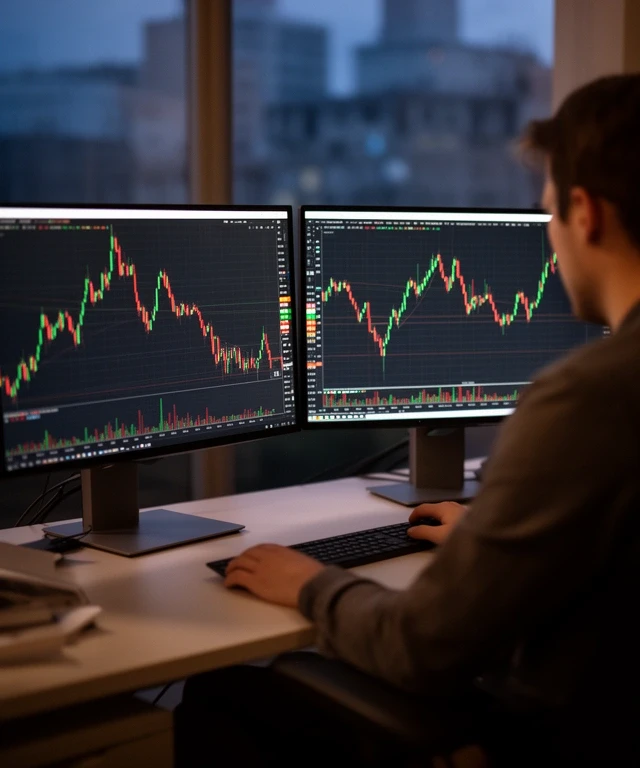 Trading desk with charts open on two monitors
